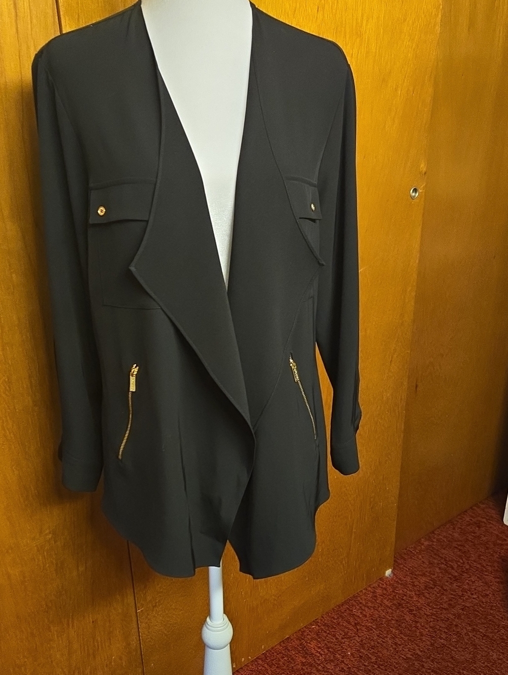 Calvin Klein Black Open-Front Draped Blazer with Gold Zippers